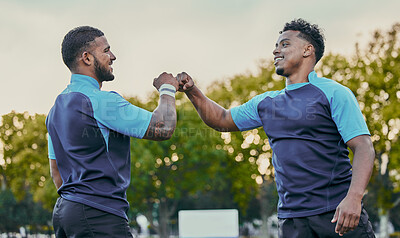 Buy stock photo Sport, athlete men and fist bump on field for rugby teamwork, winning and success at game. Team building, happiness and support for sports friends, goals and winner to celebrate achievement together