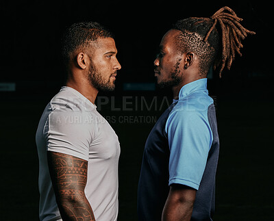 Buy stock photo Profile, rival and a sports black man facing his opponent while looking serious in studio on a dark background. Face, challenge or conflict with a male athlete and competitor ready for competition