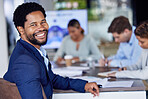 Black man in business, smile in portrait with leadership, meeting with teamwork and collaboration in conference room. Happy corporate male, team leader and professional with businessman and success