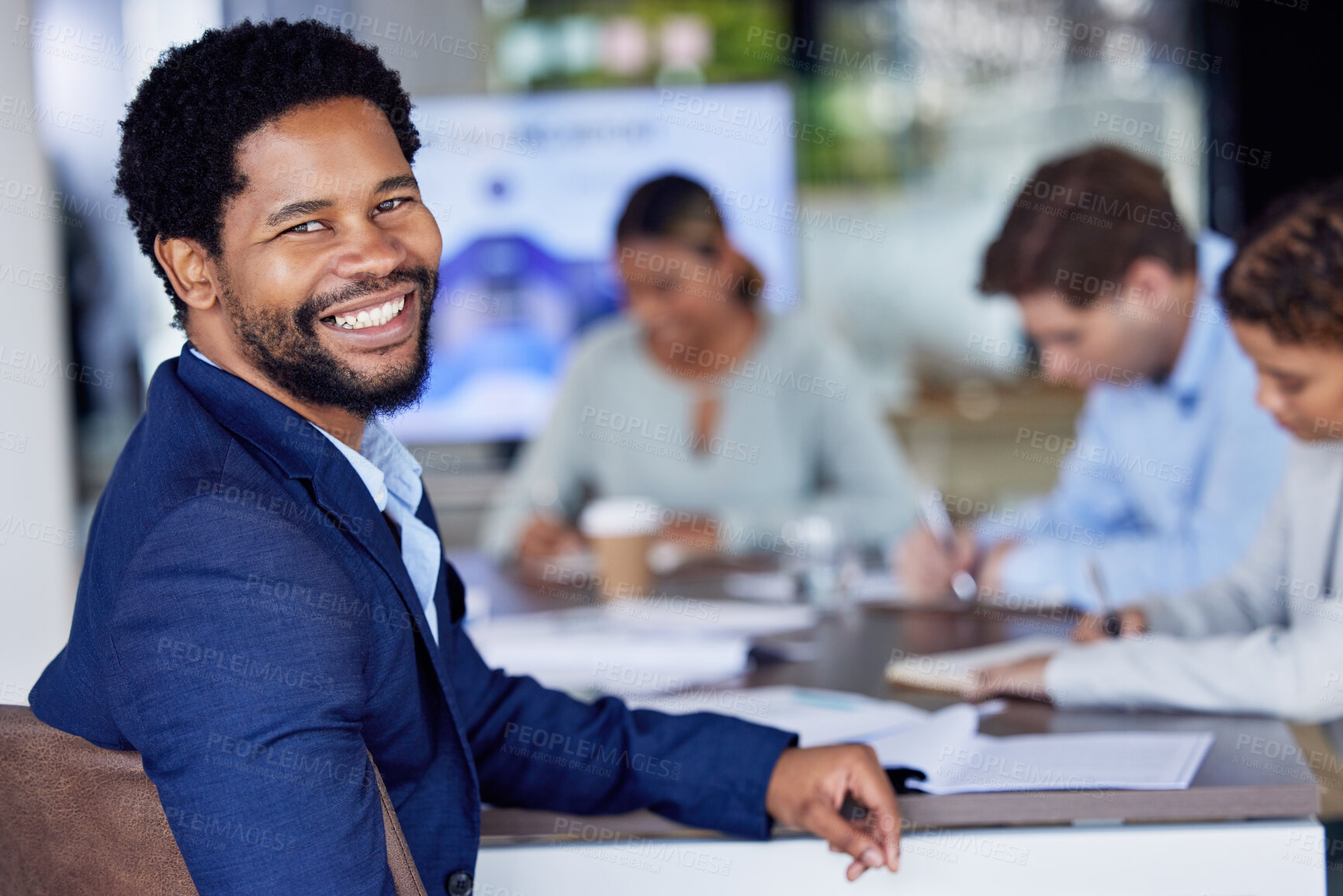 Buy stock photo Black man in business, smile in portrait with leadership, meeting with teamwork and collaboration in conference room. Happy corporate male, team leader and professional with businessman and success