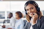 Woman, call center and smile with headset mic for telemarketing, customer service or support at the office. Portrait of happy female consultant agent smiling with headphones for online advice or help