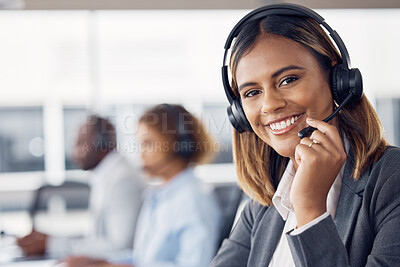 Buy stock photo Woman, call center and smile with headset mic for telemarketing, customer service or support at the office. Portrait of happy female consultant agent smiling with headphones for online advice or help