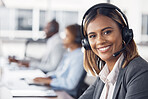 Woman, call center and portrait smile with headset for telemarketing, customer service or support at office desk. Happy female consultant or agent smiling with headphones for online advice or help