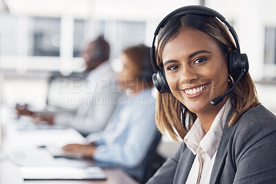Buy stock photo Woman, call center and portrait smile with headset for telemarketing, customer service or support at office desk. Happy female consultant or agent smiling with headphones for online advice or help