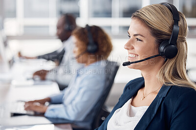 Buy stock photo Woman, call center and smile with headset for telemarketing, customer service or support at office desk. Happy and friendly female consultant agent smiling with headphones for online advice or help