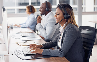 Buy stock photo Call center woman, computer and typing with smile, reading and customer support with happiness at job. Indian telemarketing consultant, desktop pc and happy crm with communication in modern office