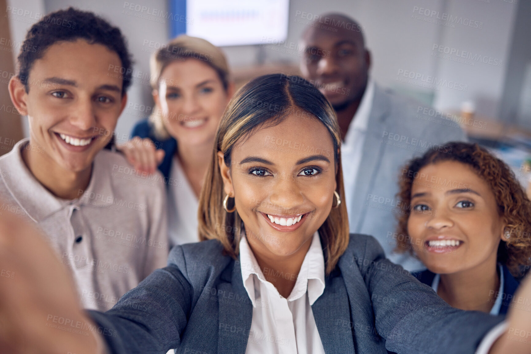 Buy stock photo Selfie, office portrait and business people in group for corporate meeting, staff photography or diversity post. Happy professional friends, career influencer or employees in teamwork profile picture