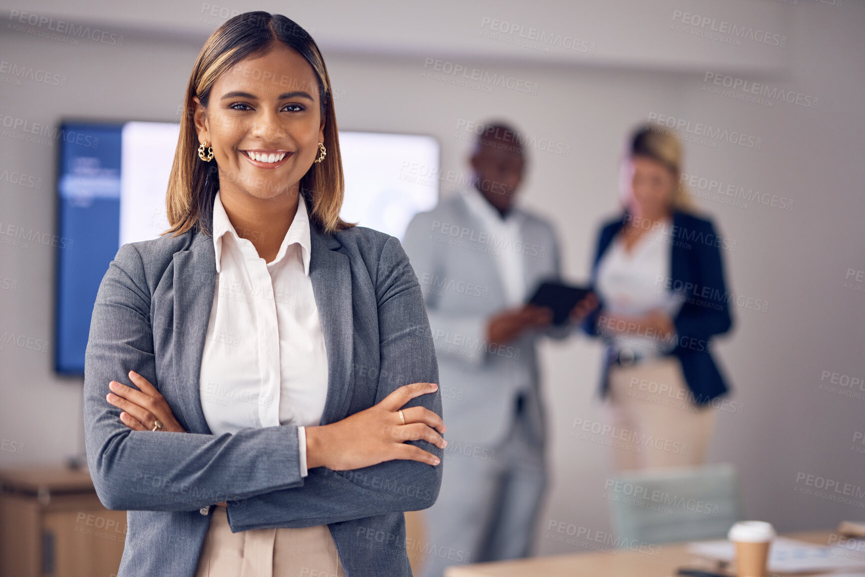 Buy stock photo Proud portrait of business woman in office meeting with mindset for employees engagement, leadership and management. Face of happy corporate or professional Indian person or worker with job integrity