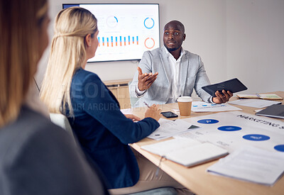 Buy stock photo Planning, presentation and people with business growth meeting, corporate charts or graph and data analysis of profit revenue. Professional black man, boss or manager speaking to employees or clients