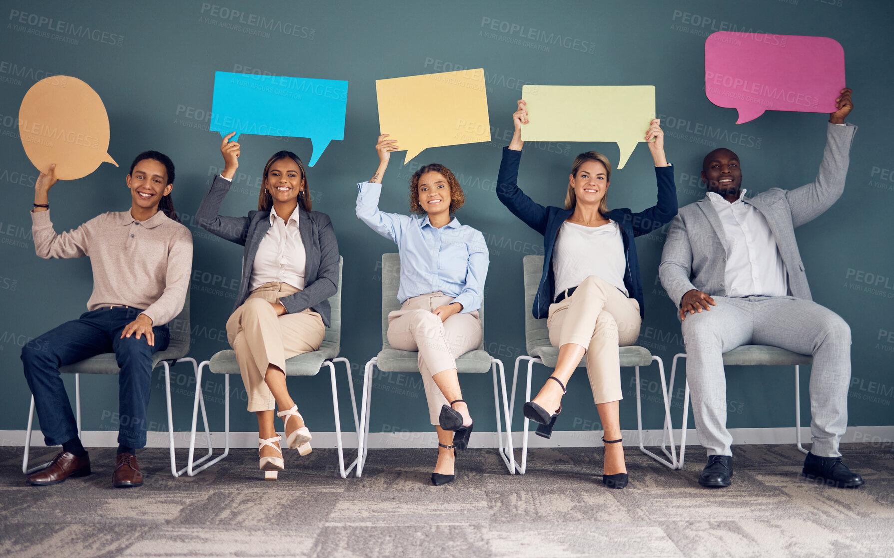 Buy stock photo Speech bubble, waiting room and people in business recruitment, social media chat icon, and networking cardboard sign. Corporate group of people with voice communication or hiring portrait and mockup