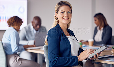 Buy stock photo Portrait of business woman on tablet in meeting with online planning, data analysis and company agenda. Corporate manager, professional or happy person on digital technology for workflow management