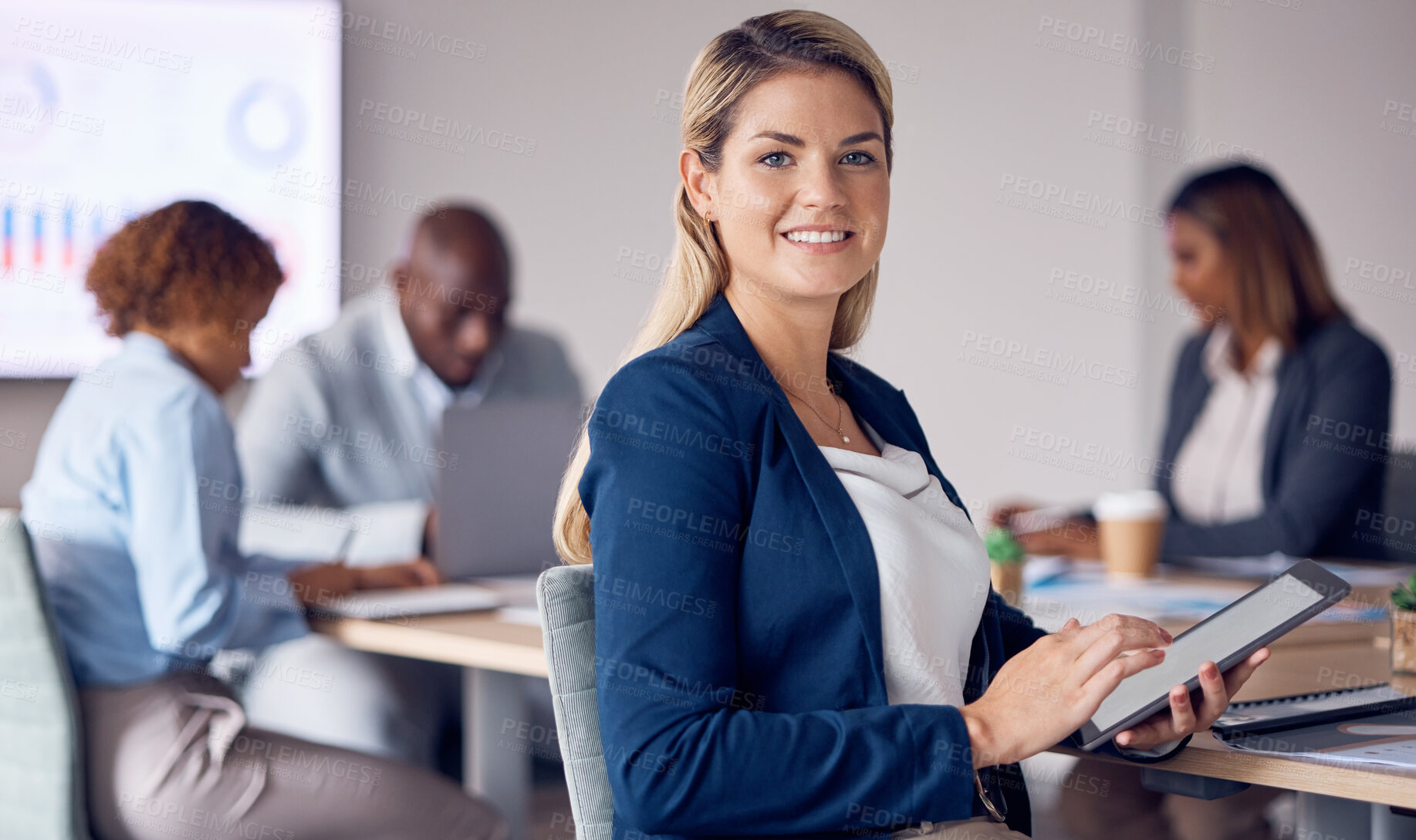 Buy stock photo Portrait of business woman on tablet in meeting with online planning, data analysis and company agenda. Corporate manager, professional or happy person on digital technology for workflow management