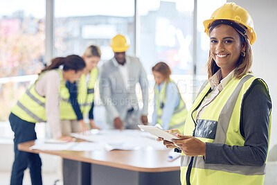 Buy stock photo Engineering portrait, tablet and woman planning project management, industry and blueprint design in office. Construction worker face, contractor or architecture indian person with digital floor plan