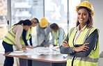 Proud engineering portrait of woman with project management, industry mindset and development goals in office. Happy construction worker, industrial contractor or indian person in architecture career