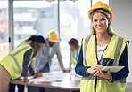 Woman, architect and tablet in leadership for meeting, construction or planning architecture at office. Portrait of happy female engineer with touchscreen for industrial team management at workplace