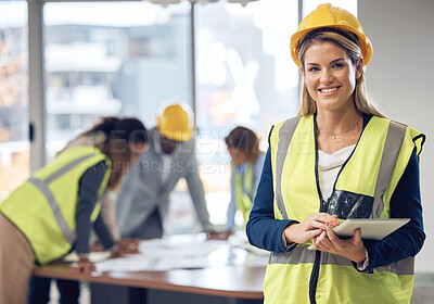 Buy stock photo Woman, architect and tablet in leadership for meeting, construction or planning architecture at office. Portrait of happy female engineer with touchscreen for industrial team management at workplace