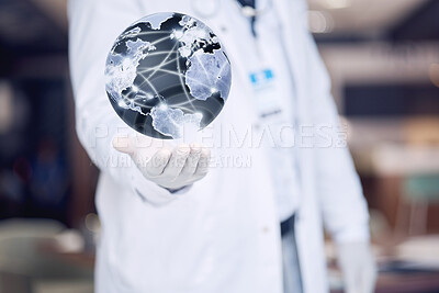 Buy stock photo Hand, healthcare and hologram world with a doctor using ai technology to access the metaverse of data. Future, satellite and medical with a scientist holding a 3d interface of the global network