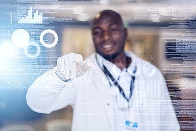 Buy stock photo Overlay, database and healthcare with a doctor black man touching a 3d or ai hologram interface for research and innovation. Digital, technology and medical with a medicine professional in a hospital