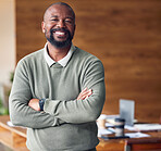 Business, confidence and portrait black man with smile in office, startup ceo or owner at hr company. Happiness, project management and happy, confident professional businessman at recruitment agency