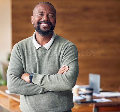 Buy stock photo Business, confidence and portrait black man with smile in office, startup ceo or owner at hr company. Happiness, project management and happy, confident professional businessman at recruitment agency