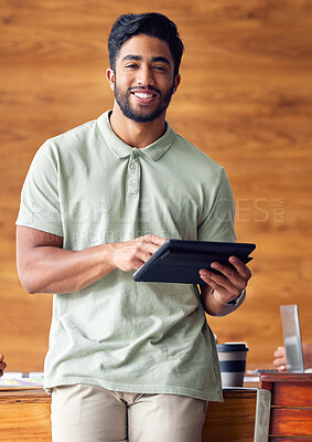 Buy stock photo Business, confidence and portrait of Indian man with tablet in office, startup ceo or owner at hr company. Happiness, project management and professional businessman with smile at recruitment agency.