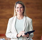 Business, confidence and portrait happy woman with tablet in office, startup ceo or owner at hr company. Happiness, project management and professional businesswoman with smile at recruitment agency.