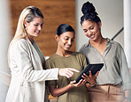 Tablet, planning and business women teamwork, brainstorming and collaboration for company online strategy. Professional people on digital technology, website or software app with ideas or app launch