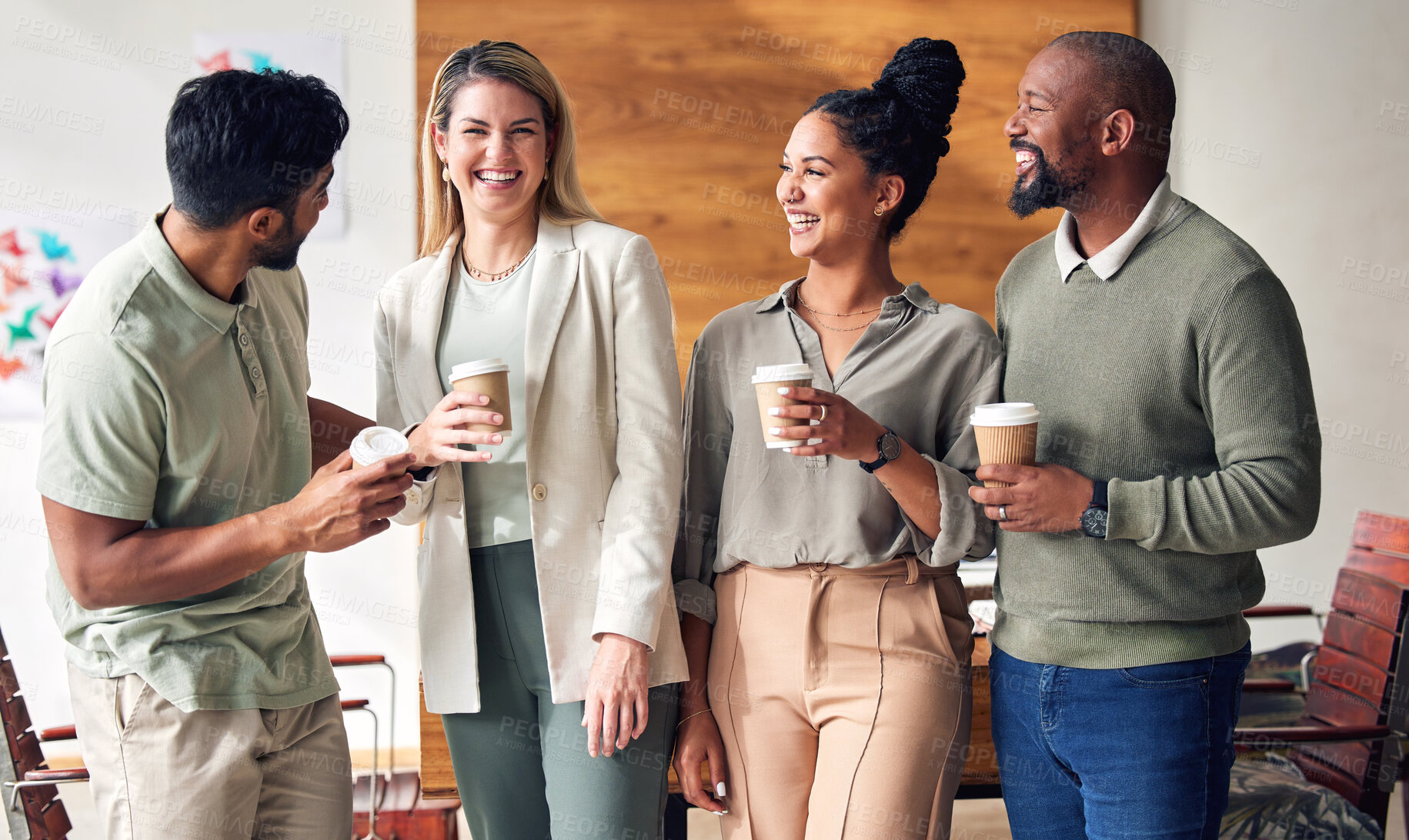 Buy stock photo Startup business people, coffee break chat and happy together with team building, laughter and funny time. Men, women and drink with comic talk, friends and happiness in workplace with diversity