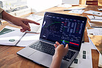 Computer screen, stock market and hands of people in meeting, data analytics and statistics analysis or review growth. Laptop, software app and algorithm increase stats of analyst teamwork in office