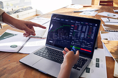 Buy stock photo Computer screen, stock market and hands of people in meeting, data analytics and statistics analysis or review growth. Laptop, software app and algorithm increase stats of analyst teamwork in office