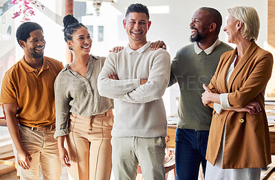 Buy stock photo Startup business people, leader man and happy in portrait for team building, laughter and funny time together. Men, women and support with friends, manager and happiness in workplace with diversity