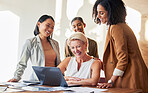 Laptop, planning and business women teamwork, online review and collaboration for company website strategy. Professional people or happy manager with computer technology, app or software launch ideas