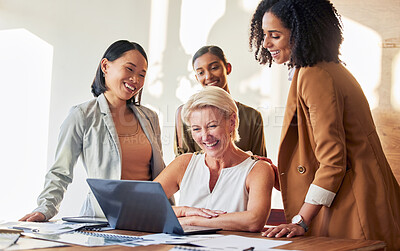 Buy stock photo Laptop, planning and business women teamwork, online review and collaboration for company website strategy. Professional people or happy manager with computer technology, app or software launch ideas