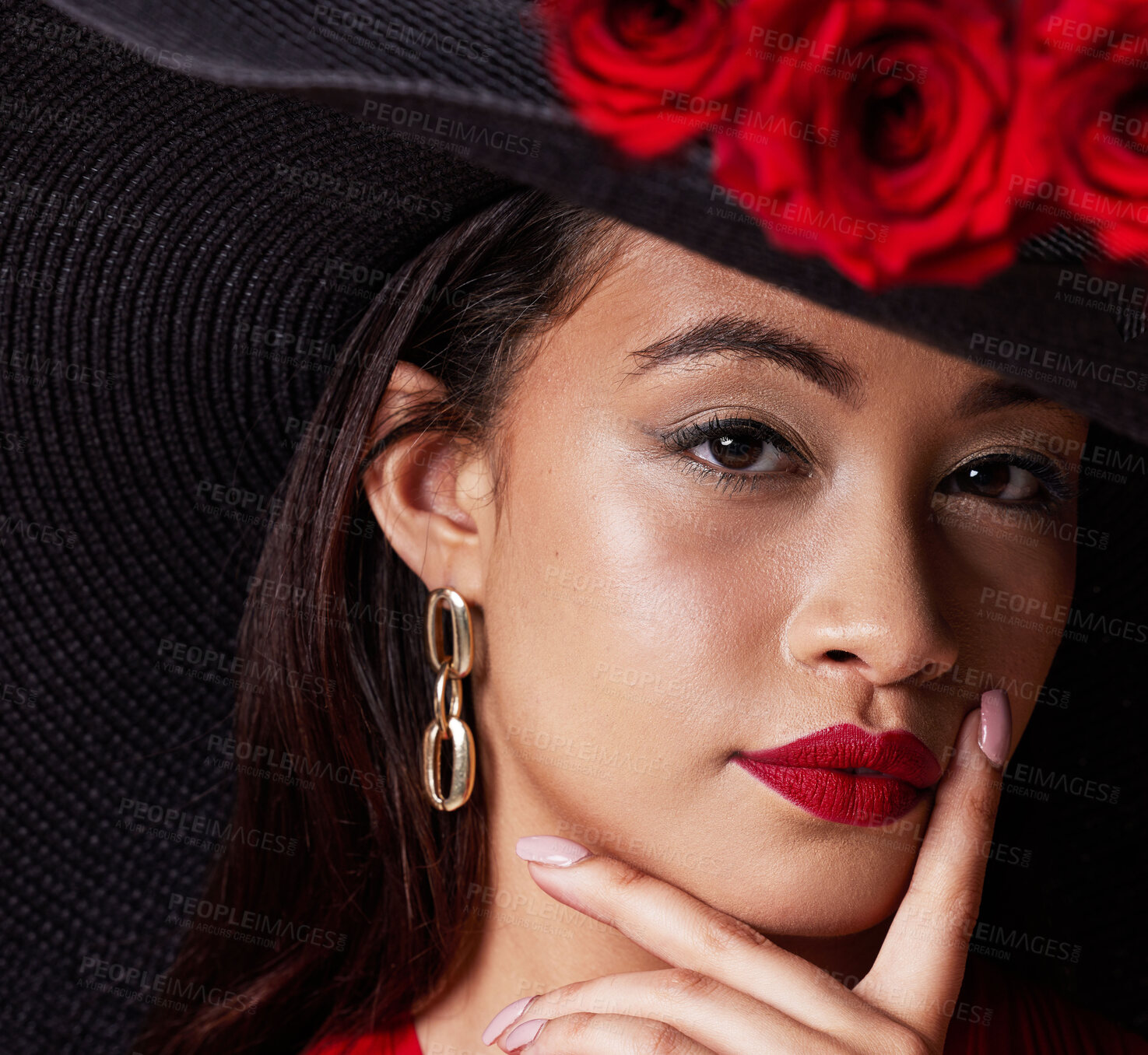 Buy stock photo Beauty, rich Asian woman and face with makeup, red lipstick and roses, fashion in portrait with closeup. Skin, glow and cosmetic care with elegant manicure and nail polish with stylish female