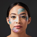 Art, aesthetic and portrait of woman with face paint, creative makeup and self expression. Beauty, creativity and color in artistic cosmetics, skincare and freedom to express for young beautiful girl