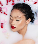 Rose milk bath, natural beauty and red lipstick of an Asian woman with makeup and cosmetics. Above, skincare and wellness of a female model with dermatology, flower aromatherapy and spa treatment