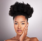 Skincare, cosmetics and portrait black woman with confidence, white background and beauty product. Health, dermatology and natural makeup, African model in studio for healthy skin care and wellness.