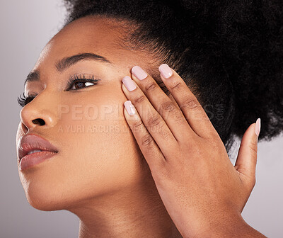 Buy stock photo Skincare, woman hand and face closeup of beauty, dermatology and facial treatment. Spa, wellness and skin glow aesthetic with a studio background with young female, cosmetics and manicure nails