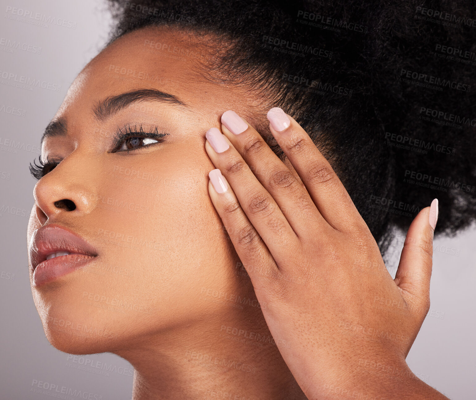 Buy stock photo Skincare, woman hand and face closeup of beauty, dermatology and facial treatment. Spa, wellness and skin glow aesthetic with a studio background with young female, cosmetics and manicure nails
