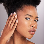 Skincare, beauty and touch, portrait black woman with pride, white background and cosmetics product. Health, dermatology and natural makeup, African model in studio for healthy skin care and wellness