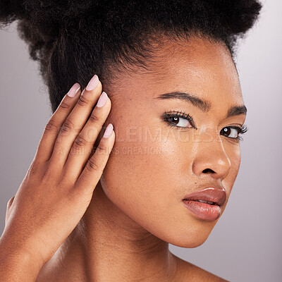 Buy stock photo Skincare, beauty and touch, portrait black woman with pride, white background and cosmetics product. Health, dermatology and natural makeup, African model in studio for healthy skin care and wellness
