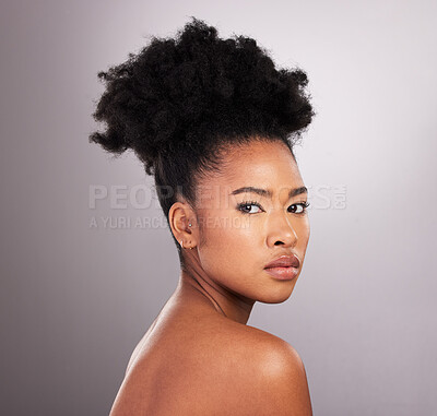 Buy stock photo Cosmetics, beauty and portrait black woman with confidence, white background and skincare product. Health, dermatology and natural makeup, African model in studio for healthy skin care and wellness.