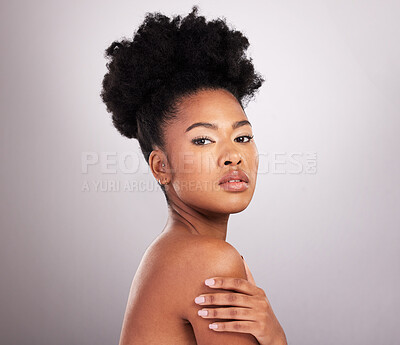 Buy stock photo Skincare, Africa and portrait black woman with confidence, white background and cosmetics. Health, dermatology and natural makeup, beauty model in studio for healthy skin care and wellness.