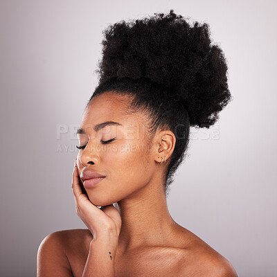 Buy stock photo Skincare, beauty and black woman with eyes closed in confidence, white background and cosmetics product. Health, dermatology and natural makeup, African model in studio for healthy skin and wellness.