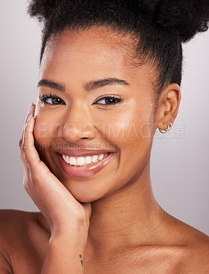 Buy stock photo Skincare, beauty and smile, portrait black woman with confidence, white background and cosmetics. Health, dermatology and natural makeup and African model face in studio, healthy skin and care.