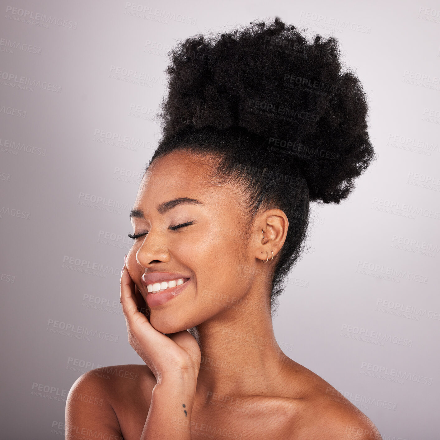 Buy stock photo Skincare, smile and black woman with eyes closed in confidence, white background and cosmetics. Health, dermatology and natural makeup and African model in studio for healthy skin and wellness.
