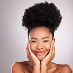 Skincare, makeup and portrait black woman with confidence, white background and cosmetics product. Health, dermatology and natural beauty, African model in studio for healthy skin care and wellness.