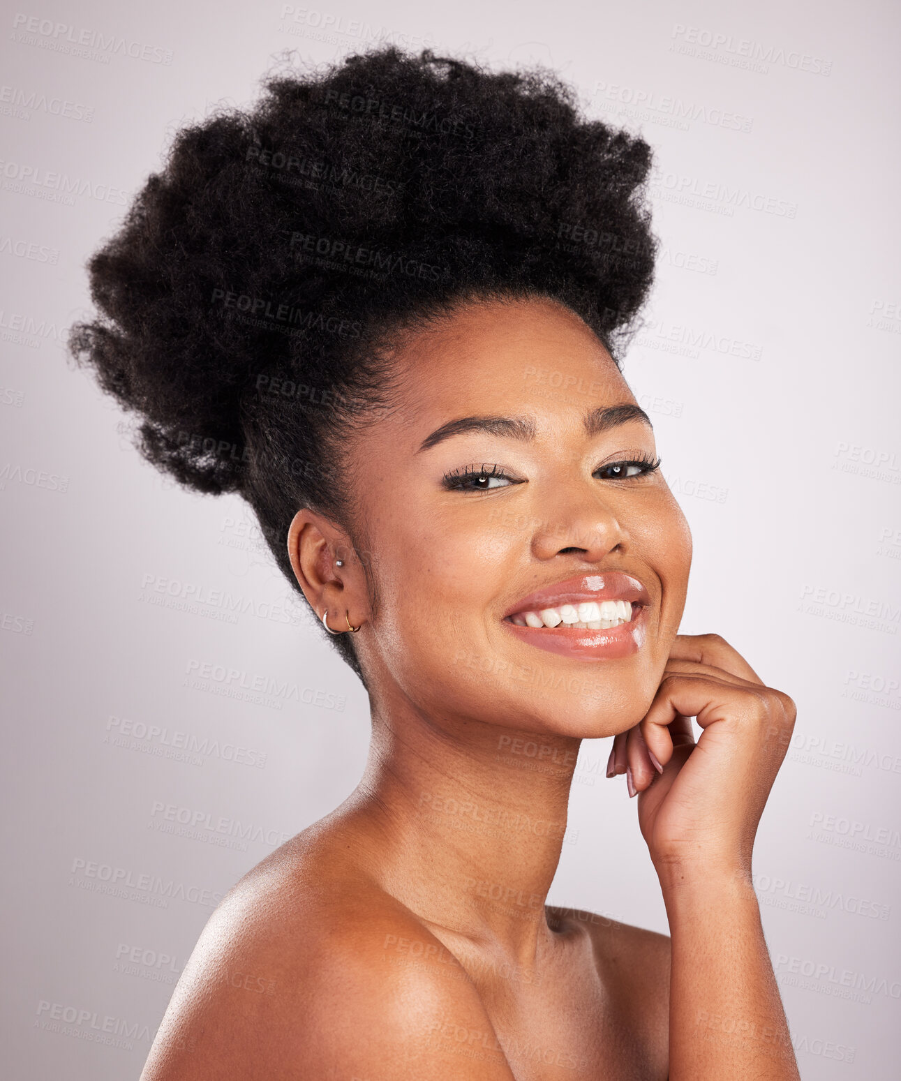 Buy stock photo Skincare, beauty and smile, portrait black woman with confidence, white background and cosmetics product. Health, dermatology and natural makeup, model in studio for healthy skin care and wellness.