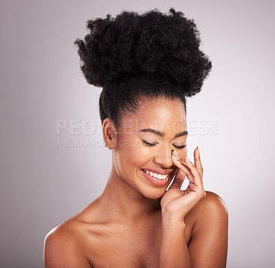 Buy stock photo Skincare, beauty and smile, black woman with happiness, white background and cosmetics. Health, dermatology and natural makeup and African model in studio for healthy skin care and wellness