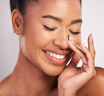 Buy stock photo Skincare, smile and zoom on black woman face with happiness, white background and cosmetics product. Health, dermatology and natural makeup, African model in studio for healthy skin care and wellness